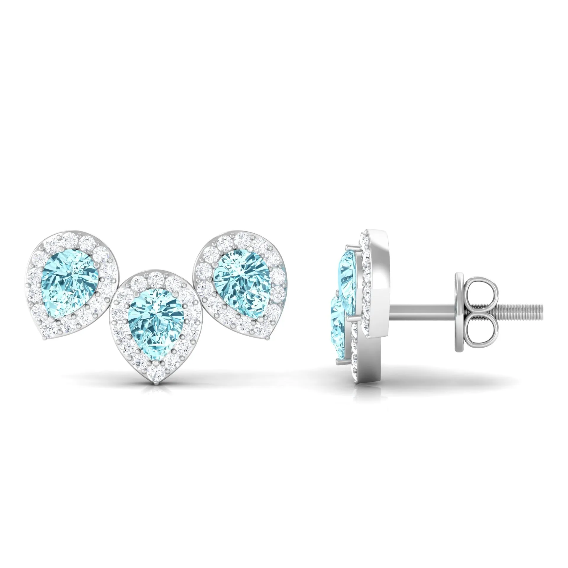 1 CT Pear Cut Aquamarine Three Stone Stud Earring with Diamond Halo