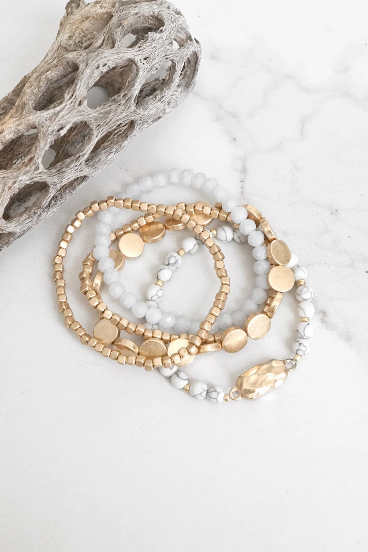 5 piece Boho Beaded Bracelets Stack Semi Precious Metal Glass Beads Golden nugget flat beads