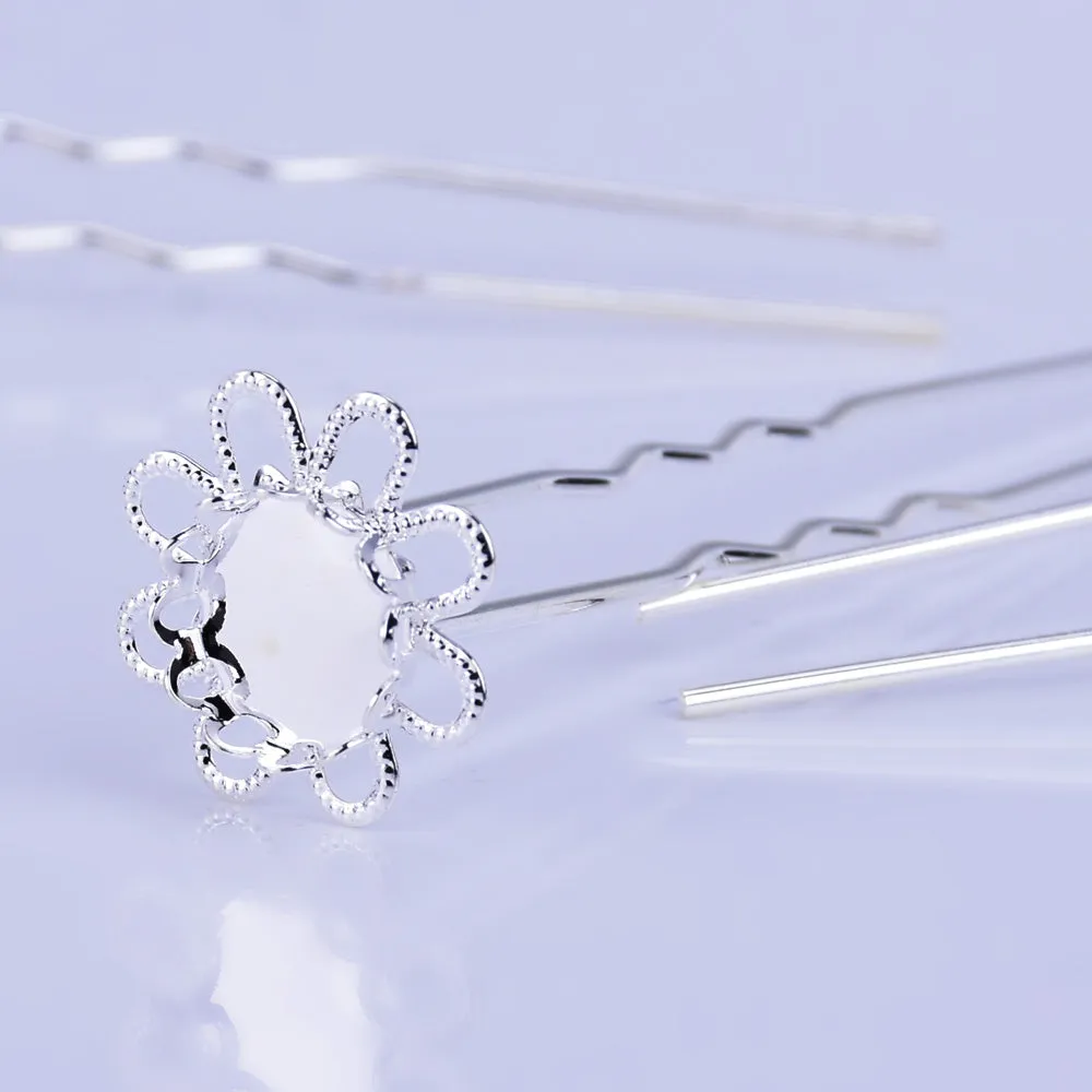 75mm U shape Wedding hair pin flower with 10mm Cameo Base Clips bridesmaid hair pin Hair accessories silver 10pcs