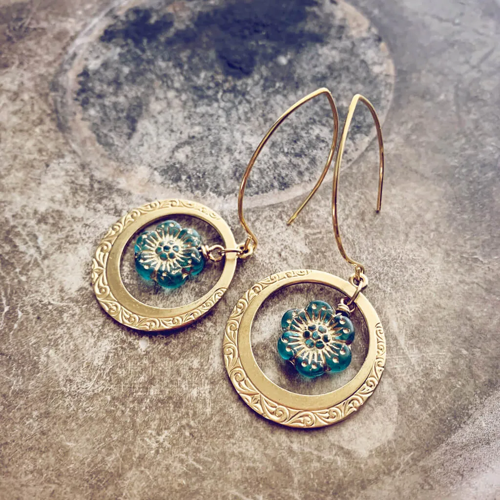 anemone // flower and embossed brass hoop earrings
