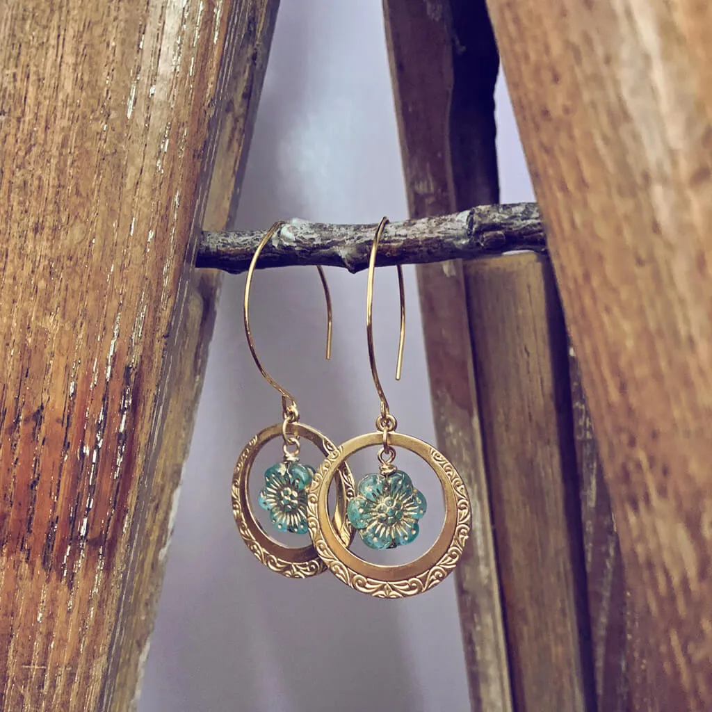anemone // flower and embossed brass hoop earrings