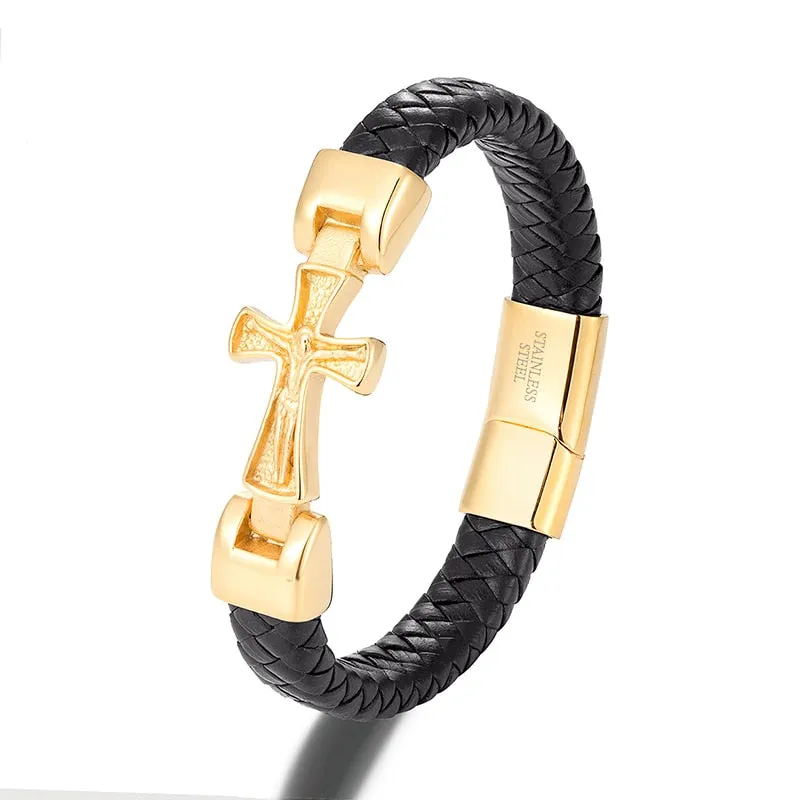 Black Leather Stainless Steel Jesus Cross Magnetic Bracelet