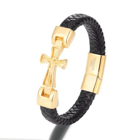 Black Leather Stainless Steel Jesus Cross Magnetic Bracelet