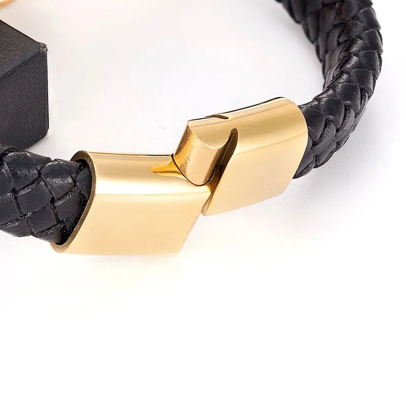 Black Leather Stainless Steel Jesus Cross Magnetic Bracelet