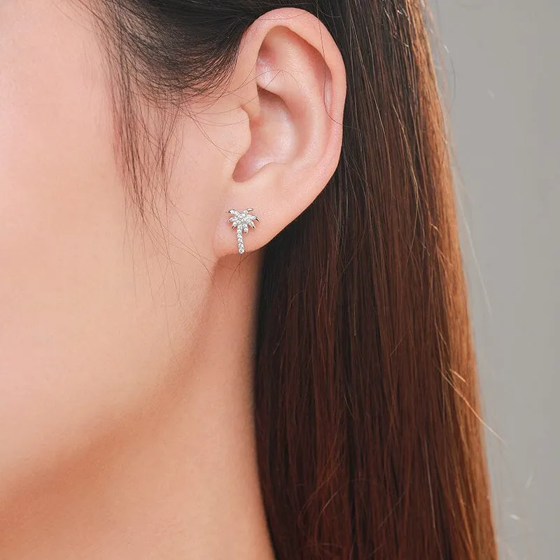 Coconut Tree Clear Zircon Stud Earrings - 925 Sterling Silver