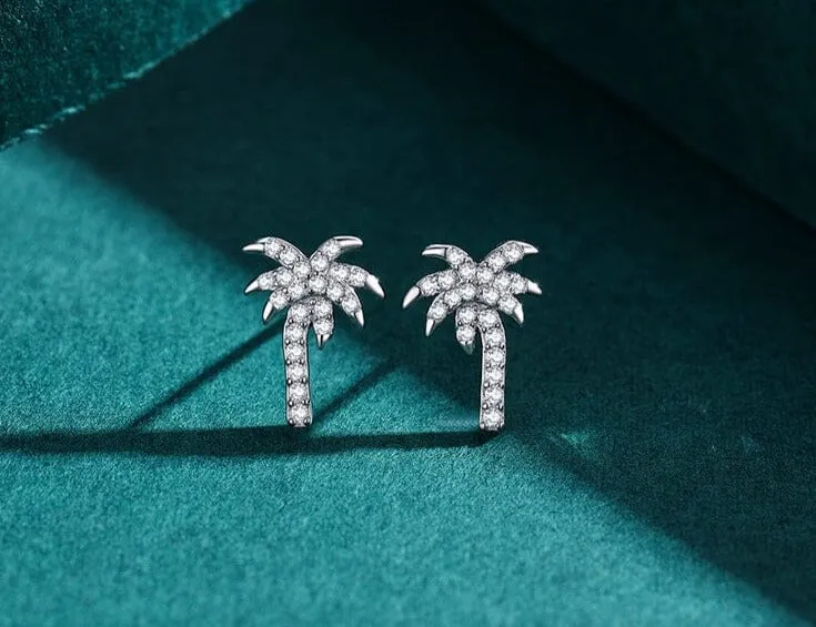 Coconut Tree Clear Zircon Stud Earrings - 925 Sterling Silver