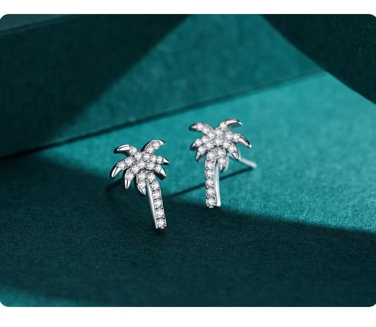 Coconut Tree Clear Zircon Stud Earrings - 925 Sterling Silver