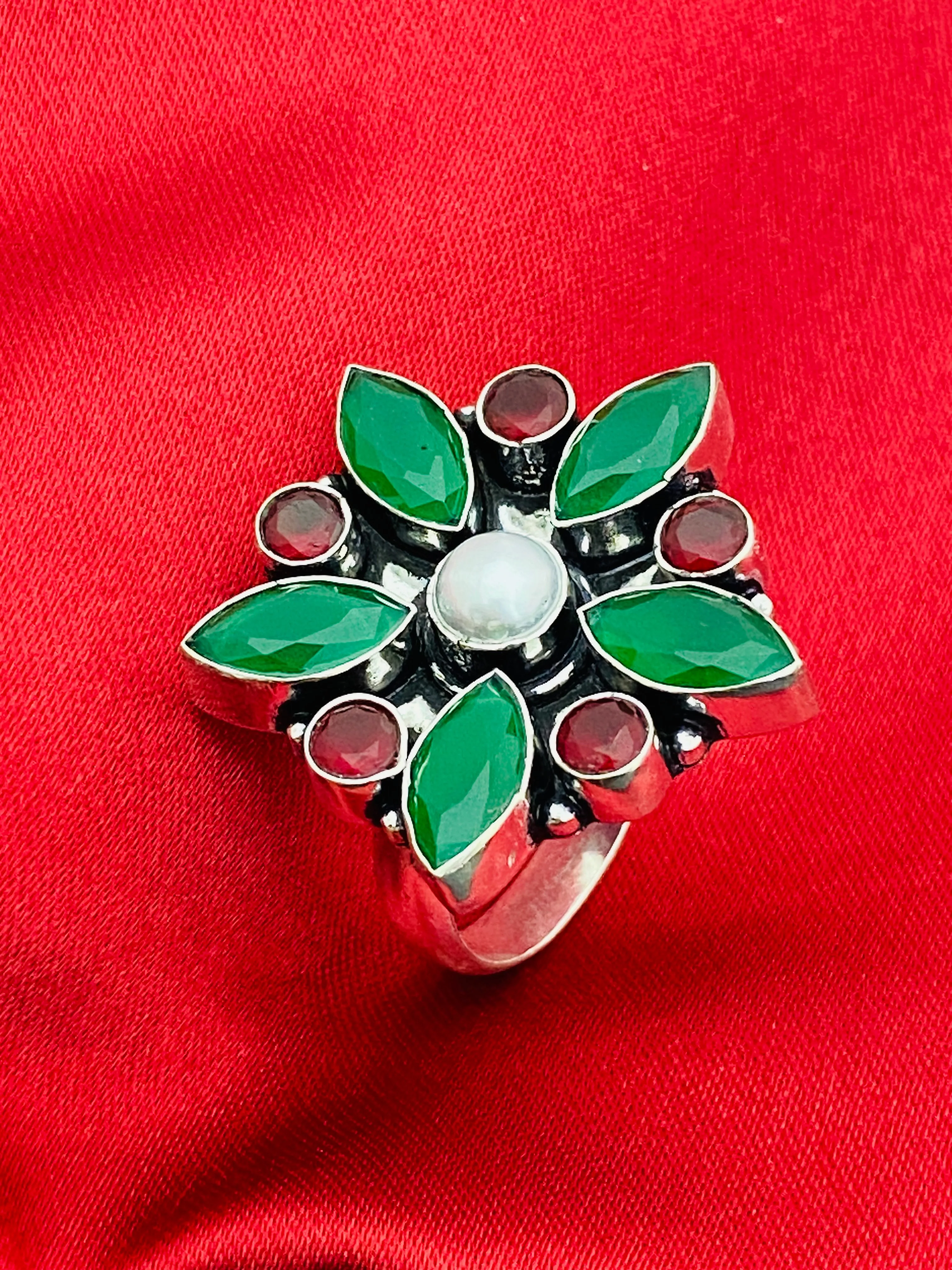 Elegant Emerald And Ruby stone Beaded Designer Ring With Pearl Bead For Women
