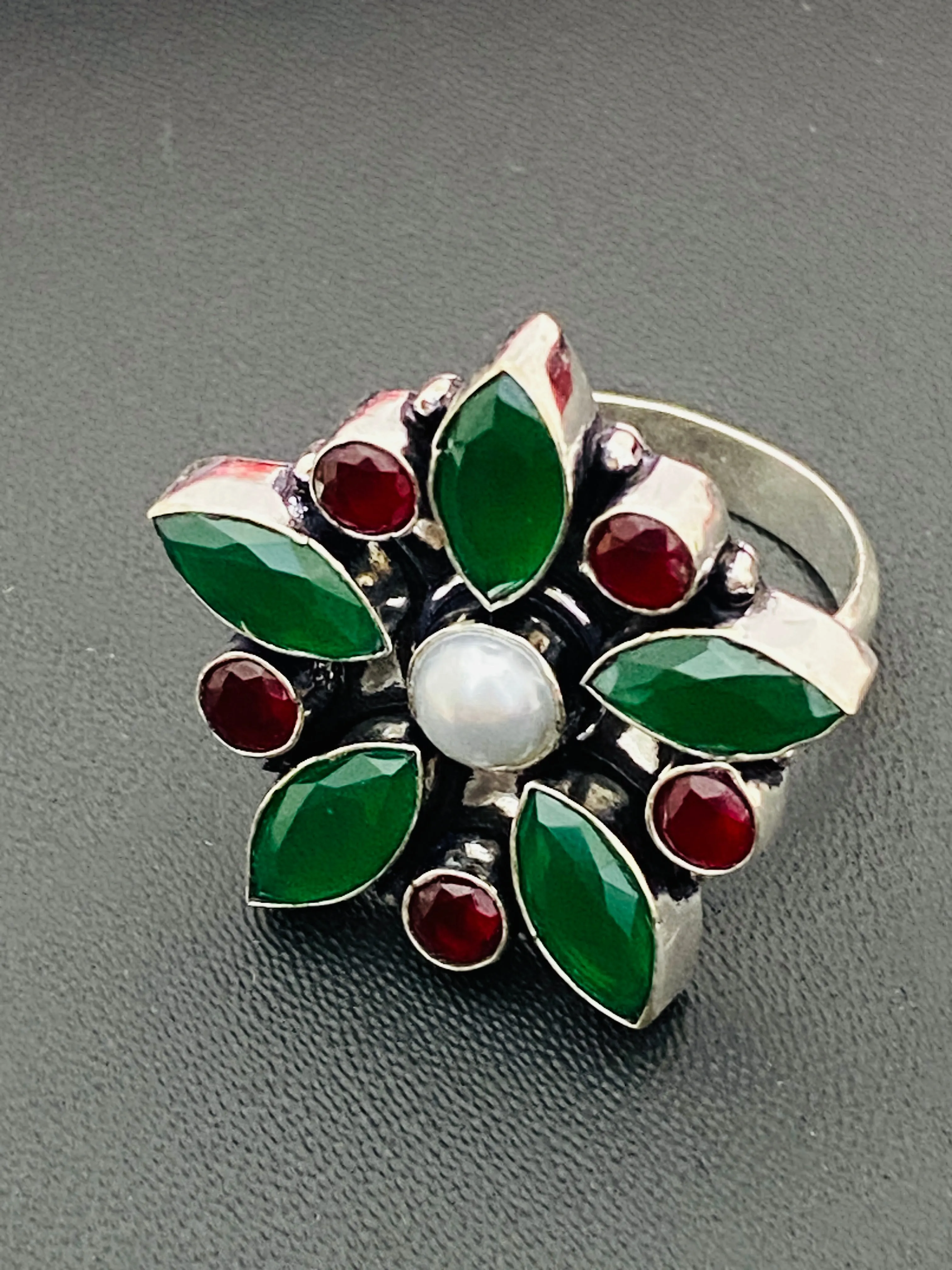 Elegant Emerald And Ruby stone Beaded Designer Ring With Pearl Bead For Women