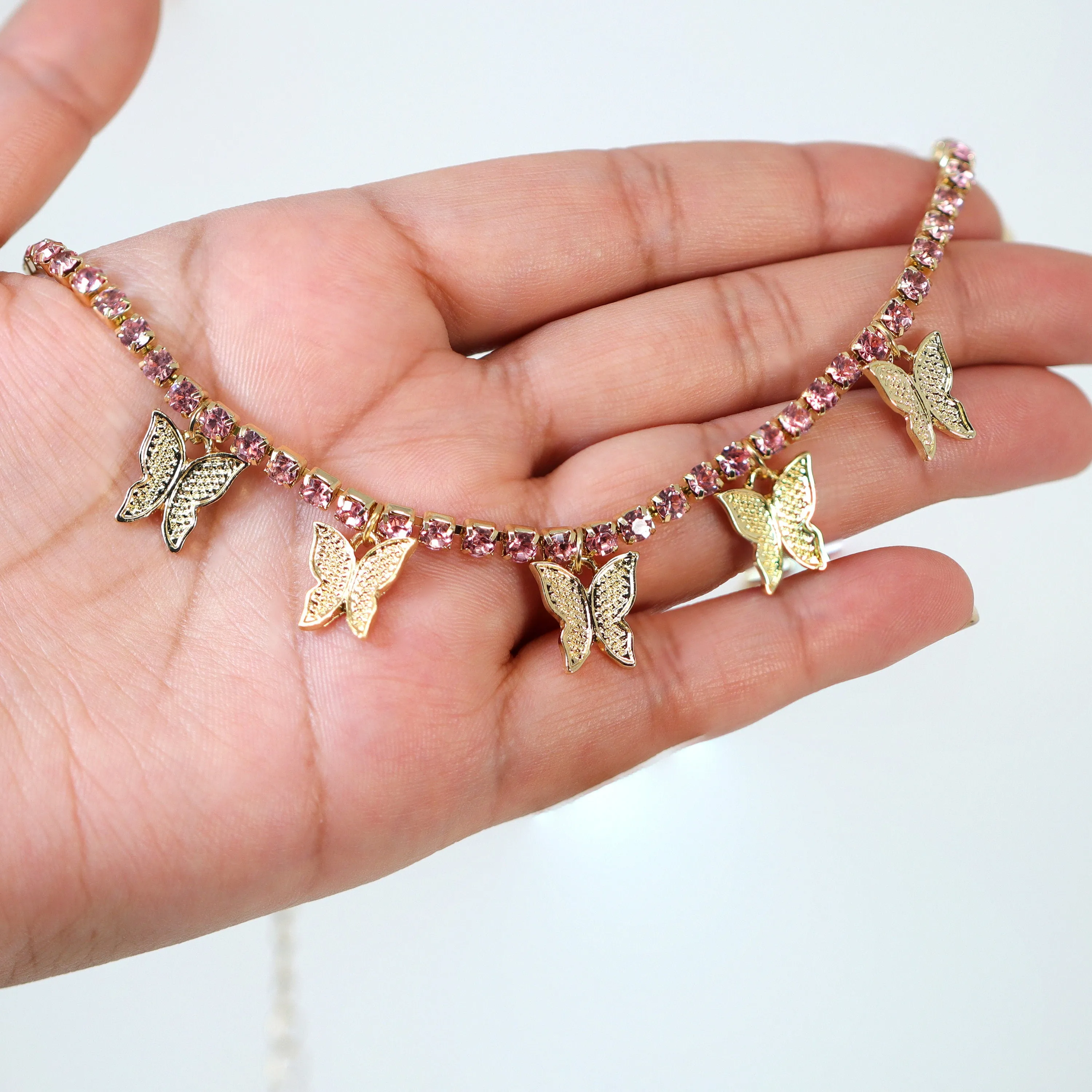 Gold Pink Rhinestone Butterfly Choker Necklace Butterfly Drop Necklace  Minimalist  Gold Butterfly  Necklace