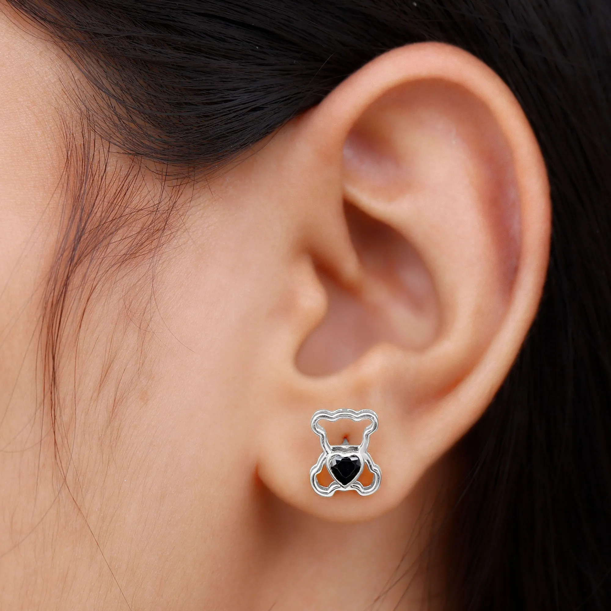 Heart Shape Created Black Diamond Cute Teddy Bear Stud Earrings in Bezel Setting