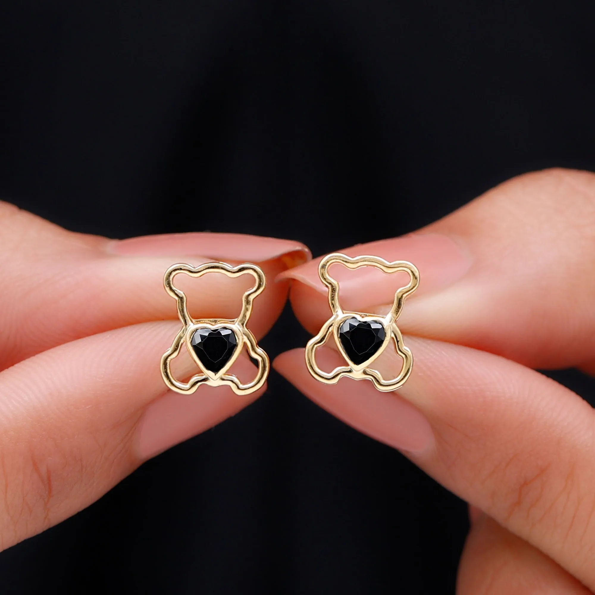 Heart Shape Created Black Diamond Cute Teddy Bear Stud Earrings in Bezel Setting