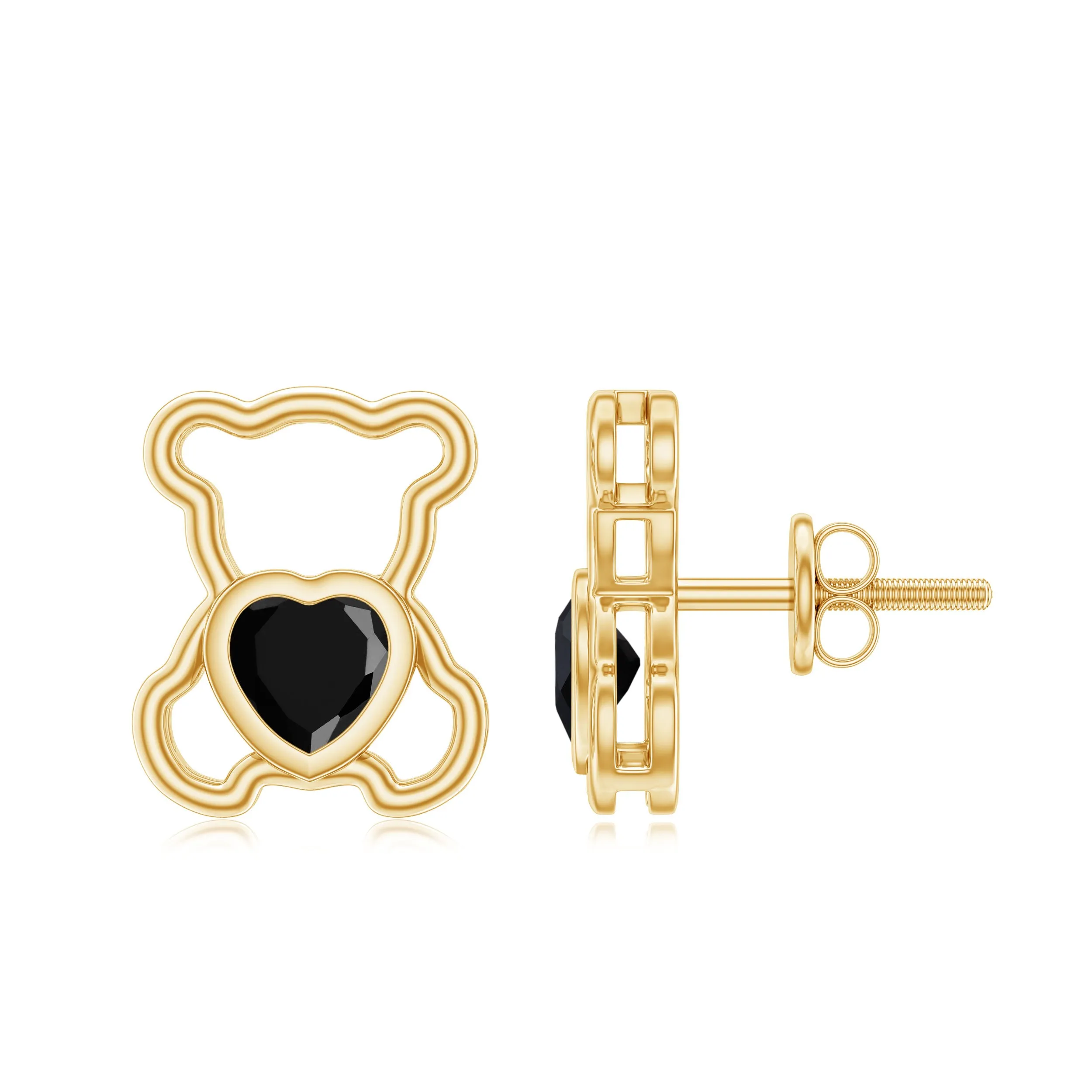 Heart Shape Created Black Diamond Cute Teddy Bear Stud Earrings in Bezel Setting