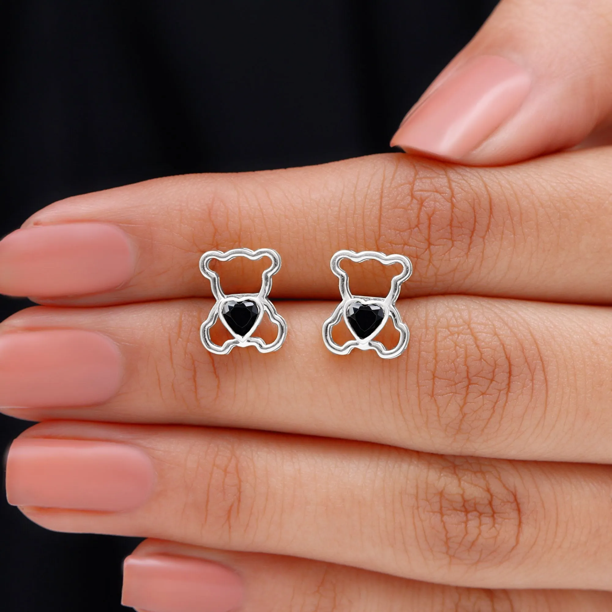 Heart Shape Created Black Diamond Cute Teddy Bear Stud Earrings in Bezel Setting