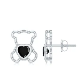 Heart Shape Created Black Diamond Cute Teddy Bear Stud Earrings in Bezel Setting