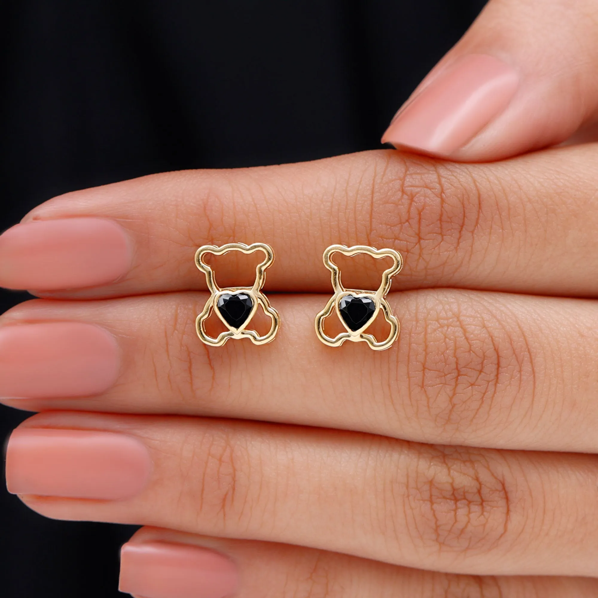 Heart Shape Created Black Diamond Cute Teddy Bear Stud Earrings in Bezel Setting