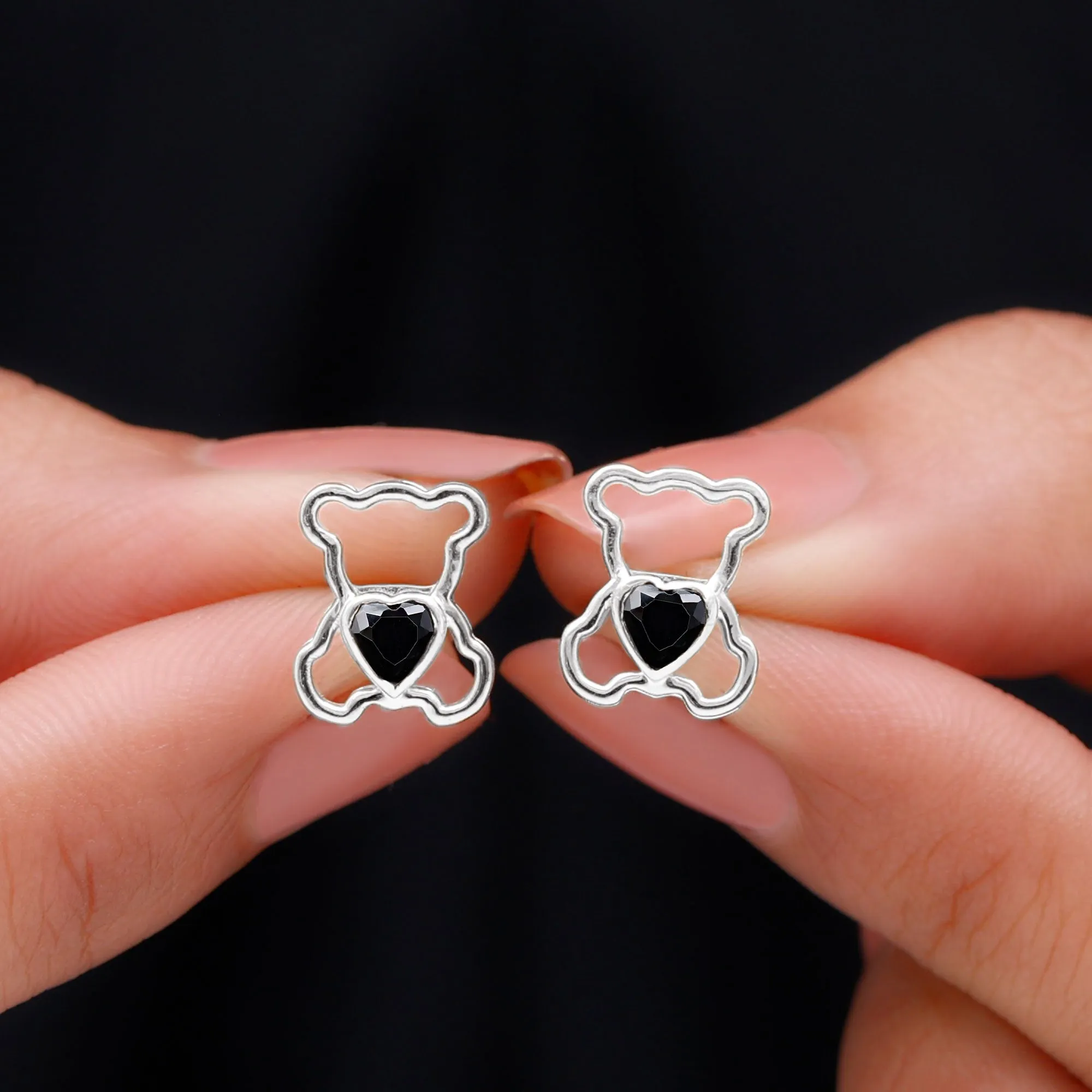 Heart Shape Created Black Diamond Cute Teddy Bear Stud Earrings in Bezel Setting