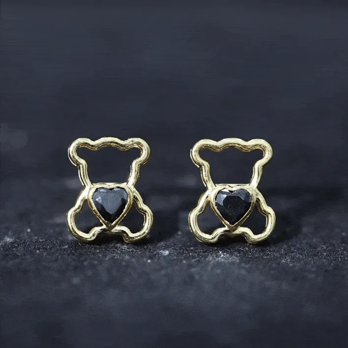 Heart Shape Created Black Diamond Cute Teddy Bear Stud Earrings in Bezel Setting