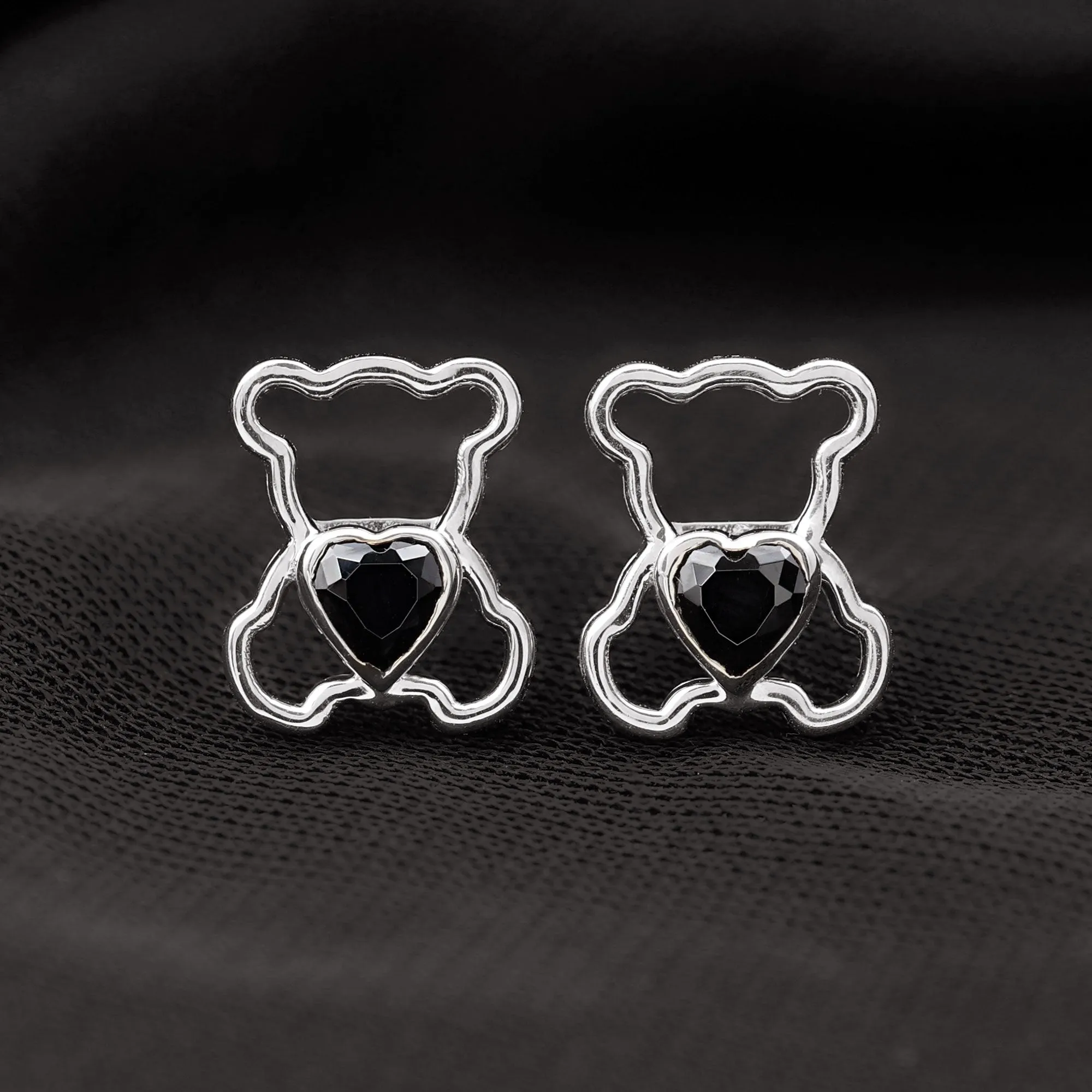 Heart Shape Created Black Diamond Cute Teddy Bear Stud Earrings in Bezel Setting