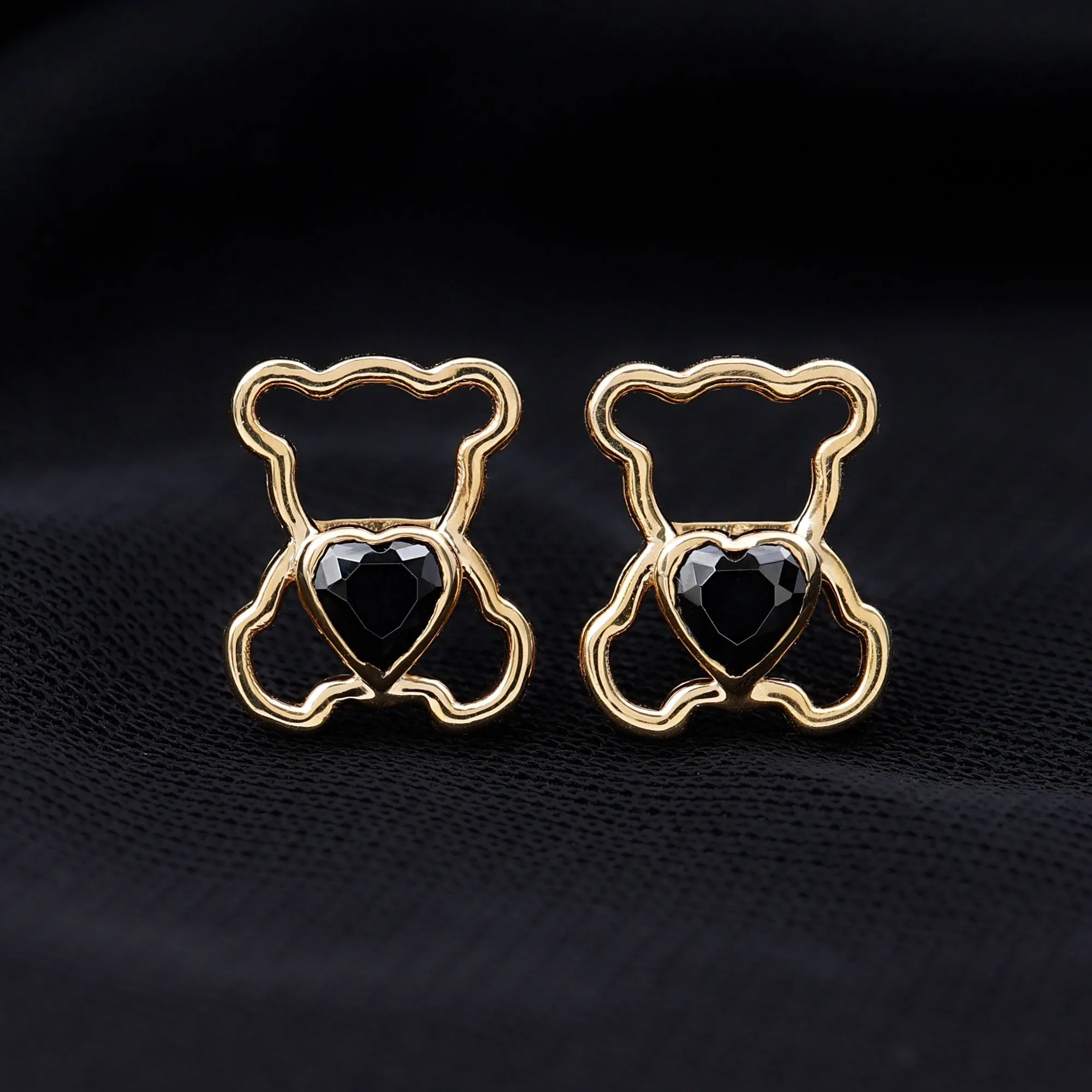 Heart Shape Created Black Diamond Cute Teddy Bear Stud Earrings in Bezel Setting