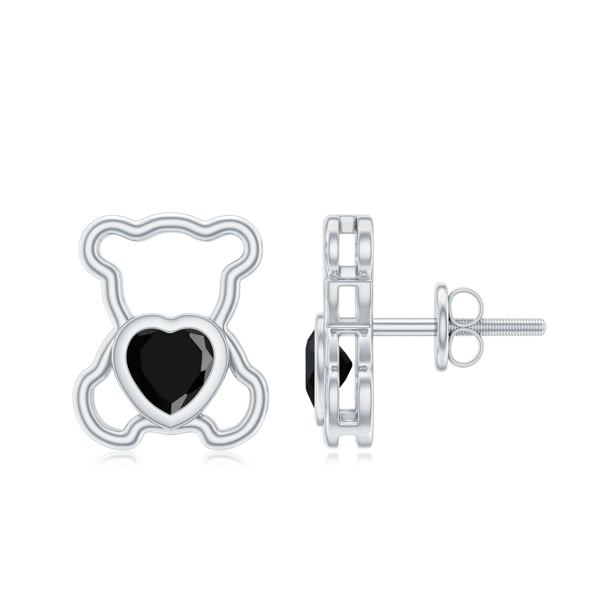 Heart Shape Created Black Diamond Cute Teddy Bear Stud Earrings in Bezel Setting