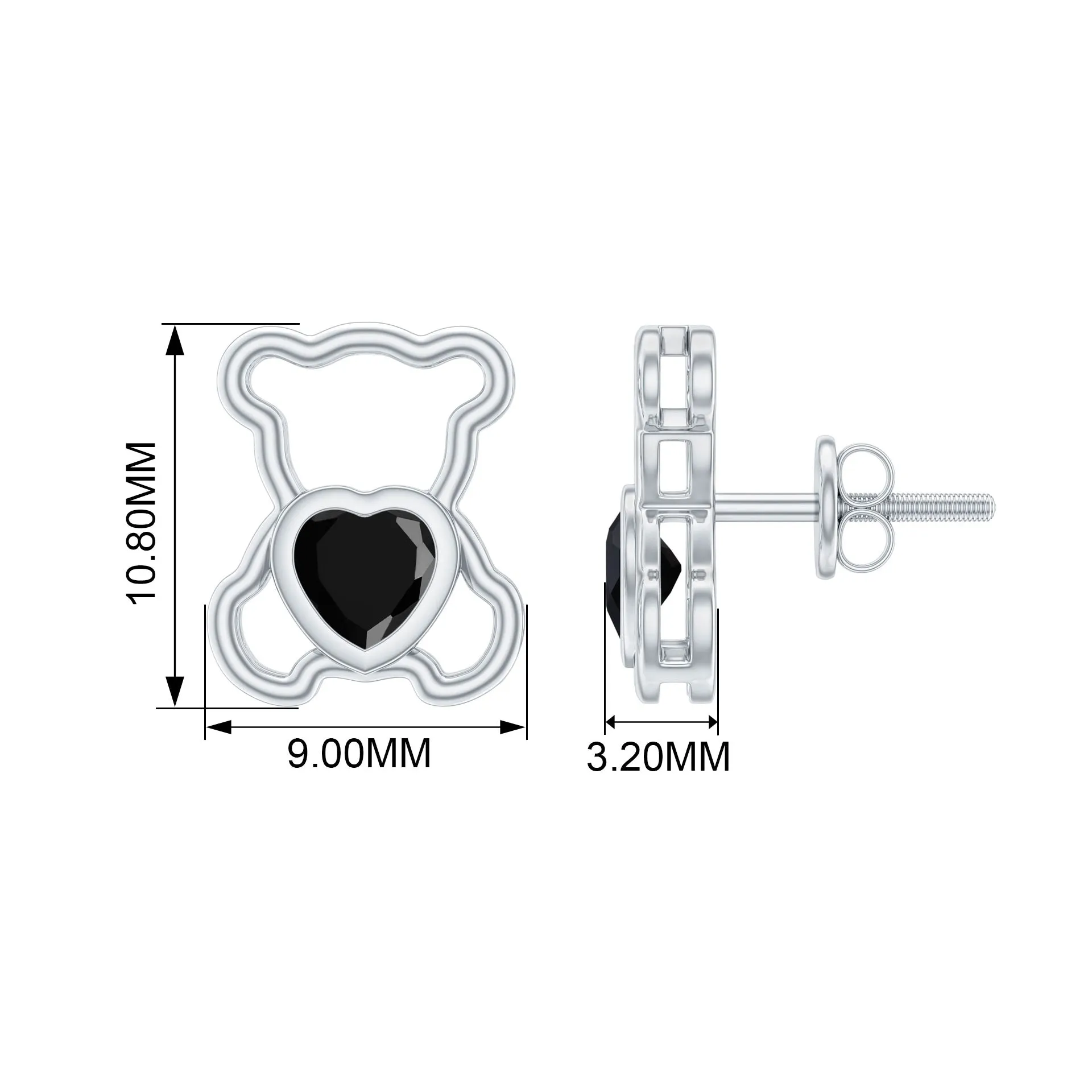 Heart Shape Created Black Diamond Cute Teddy Bear Stud Earrings in Bezel Setting