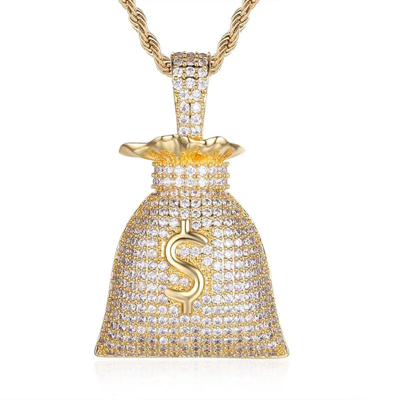 Iced Out Money Bag Pendant - Gold