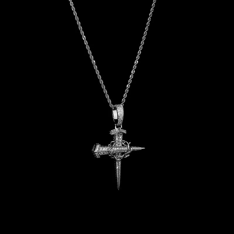 Iced Out Nail Cross with Chain Pendant - Silver