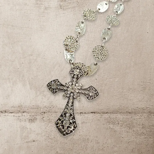 Large Silver Ornate Cross Pendant Necklace