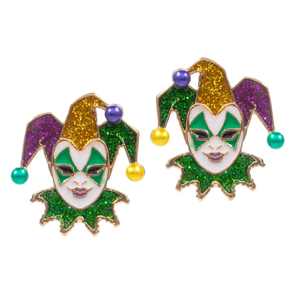 Mardi Gras Glittered Jester Pierrot Stud Earrings
