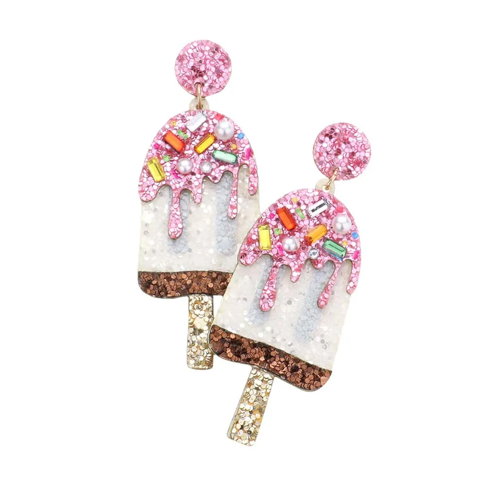 Pearl Stone Embellished Glittered Popsicle Dangle Earrings