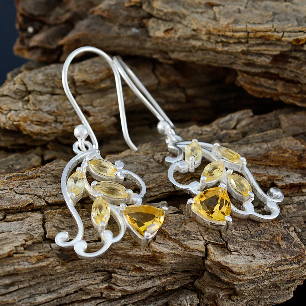 Riyo Genuine Gems multi shape Faceted Yellow Citrine Silver Earring gift for handmade
