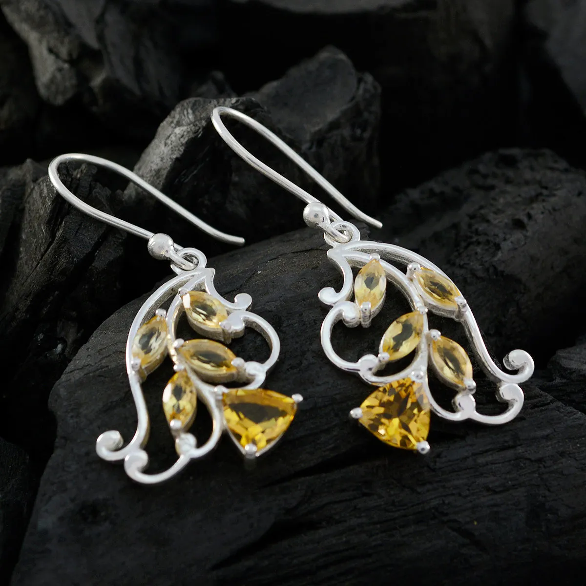 Riyo Genuine Gems multi shape Faceted Yellow Citrine Silver Earring gift for handmade