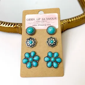 Set Of Three | Flower and Stone Silver Tone Earring Set in Turquoise Blue