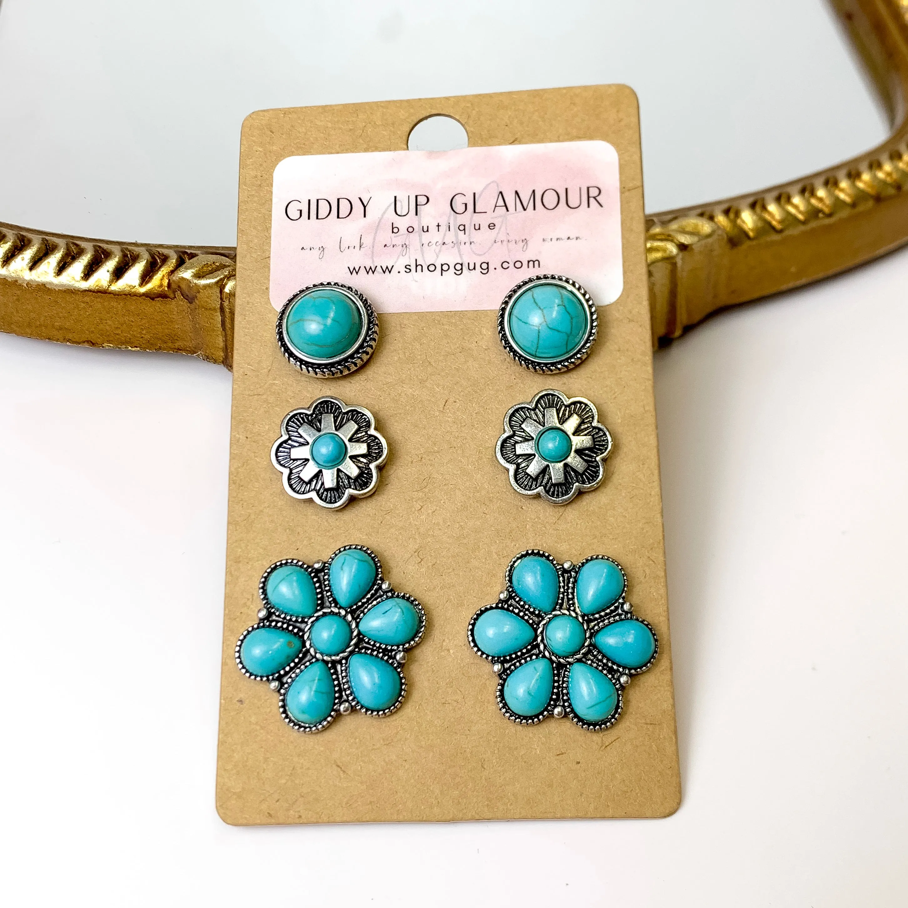 Set Of Three | Flower and Stone Silver Tone Earring Set in Turquoise Blue