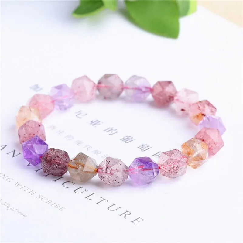 Seven Gold Rutilated Amethyst Strawberry Quartz Clear Beads Bracelet