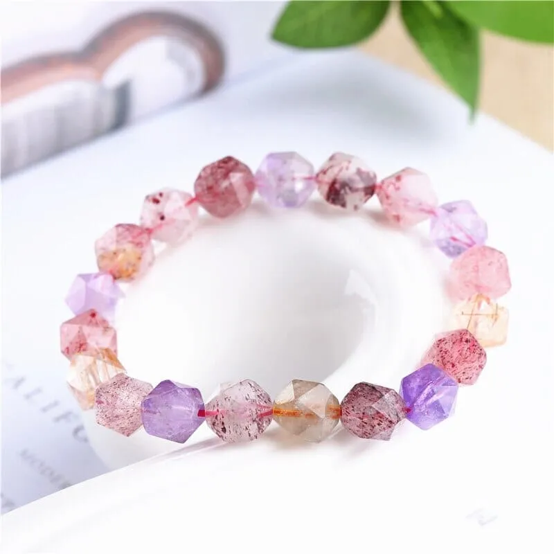 Seven Gold Rutilated Amethyst Strawberry Quartz Clear Beads Bracelet