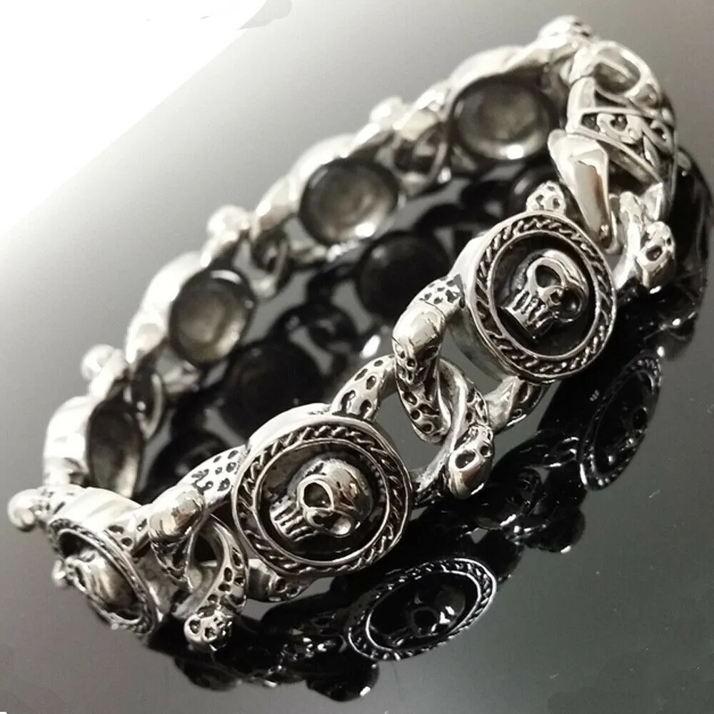 Stainless Steel Oxidized Skulls Link Gothic Biker Bracelet