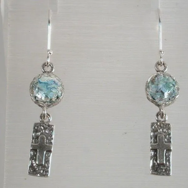 Sterling Silver cross earrings from the Holy Land with Roman Glass
