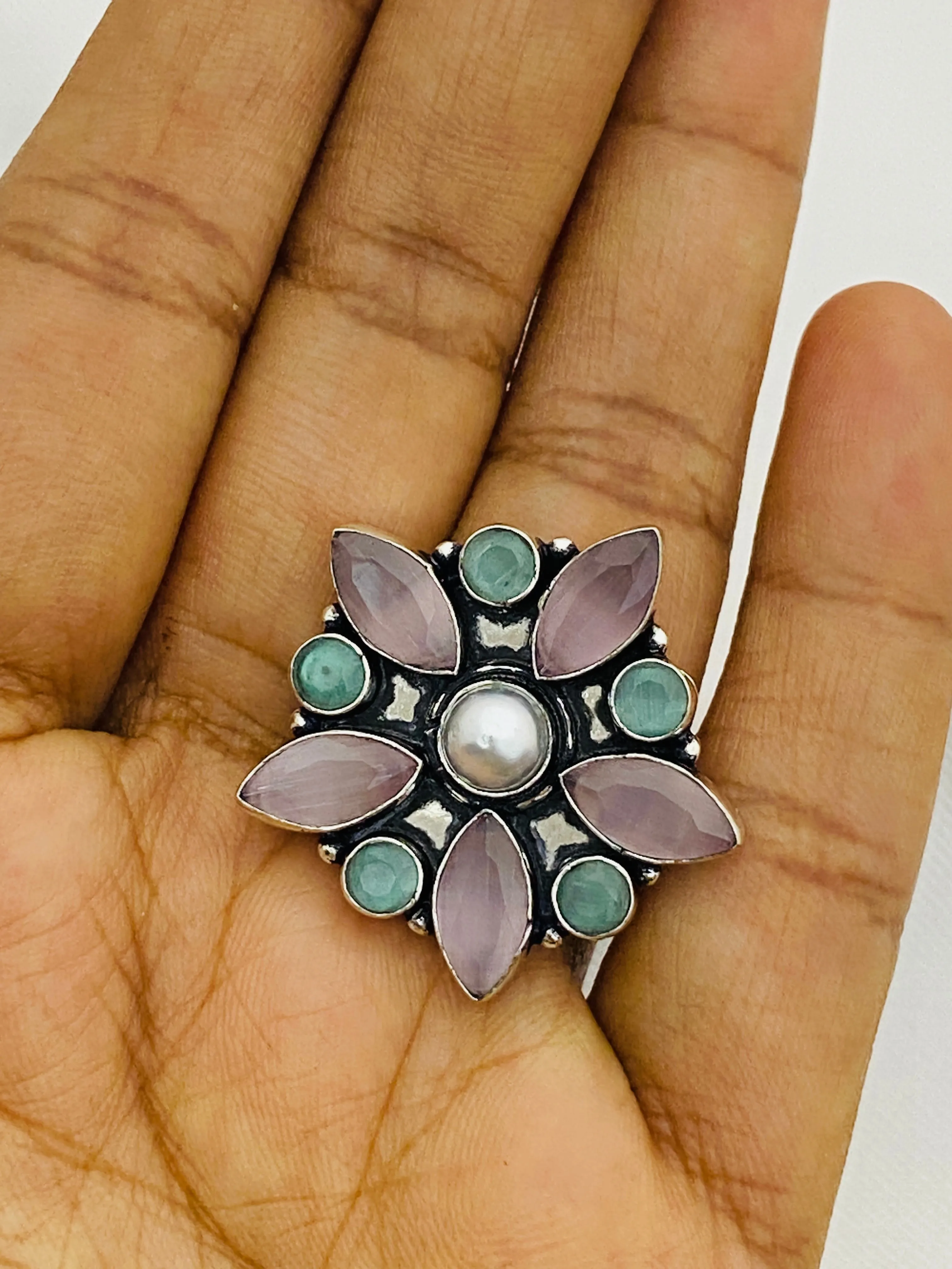 Trendy Multicolor Stone Beaded Sterling Silver Oxidized Adjustable Designer Ring