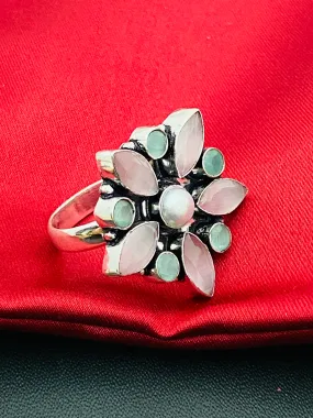 Trendy Multicolor Stone Beaded Sterling Silver Oxidized Adjustable Designer Ring