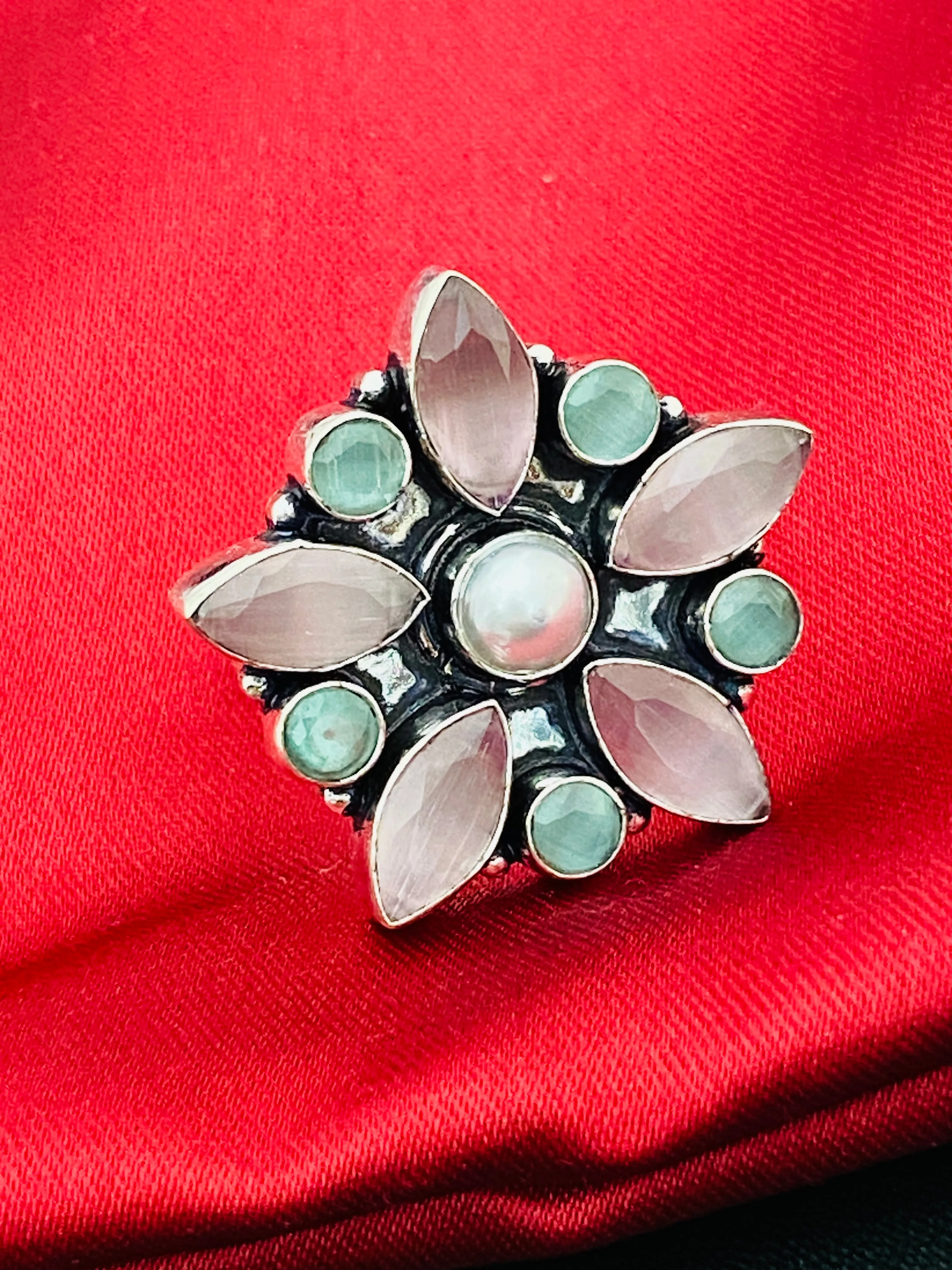 Trendy Multicolor Stone Beaded Sterling Silver Oxidized Adjustable Designer Ring