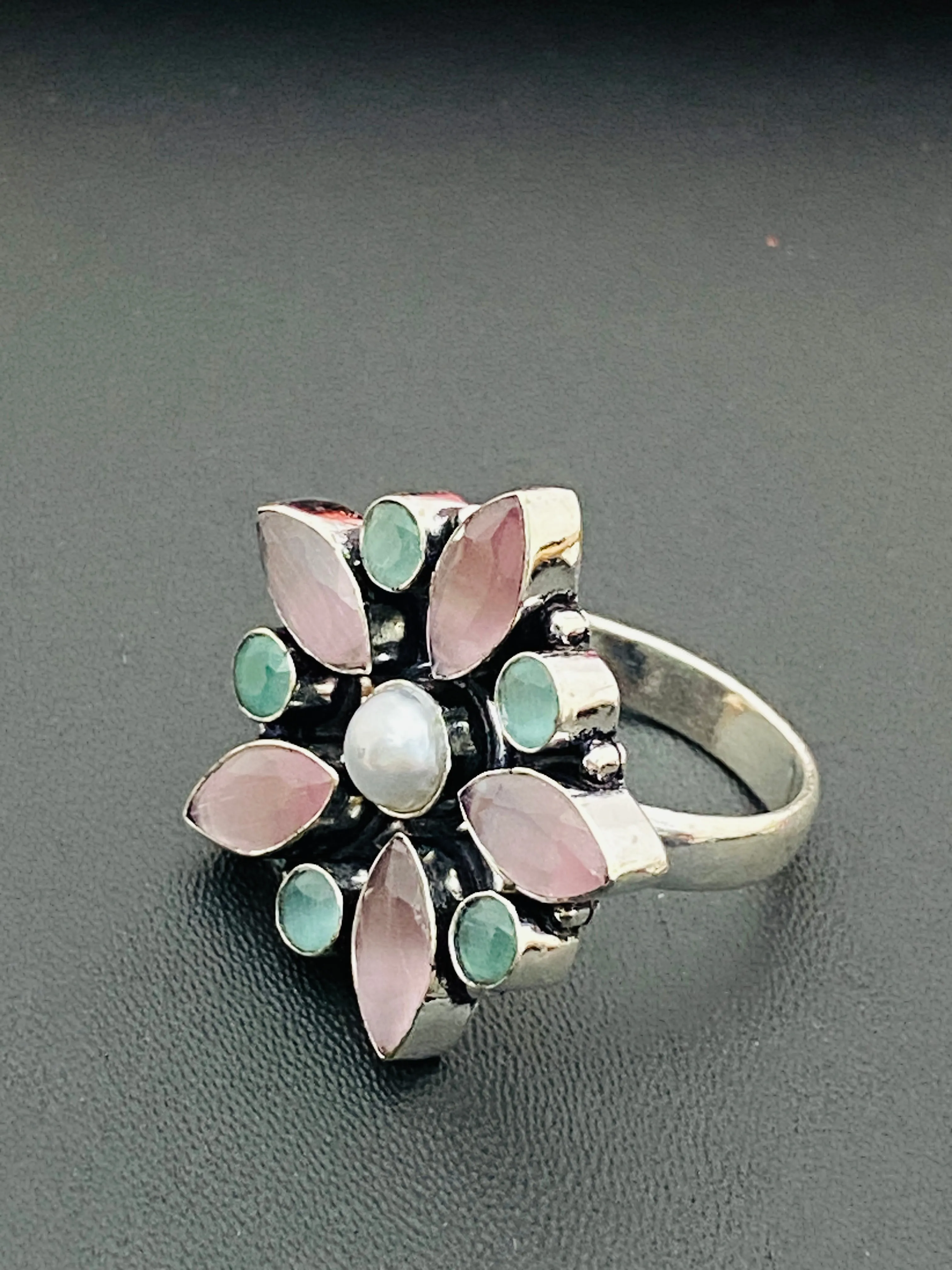 Trendy Multicolor Stone Beaded Sterling Silver Oxidized Adjustable Designer Ring