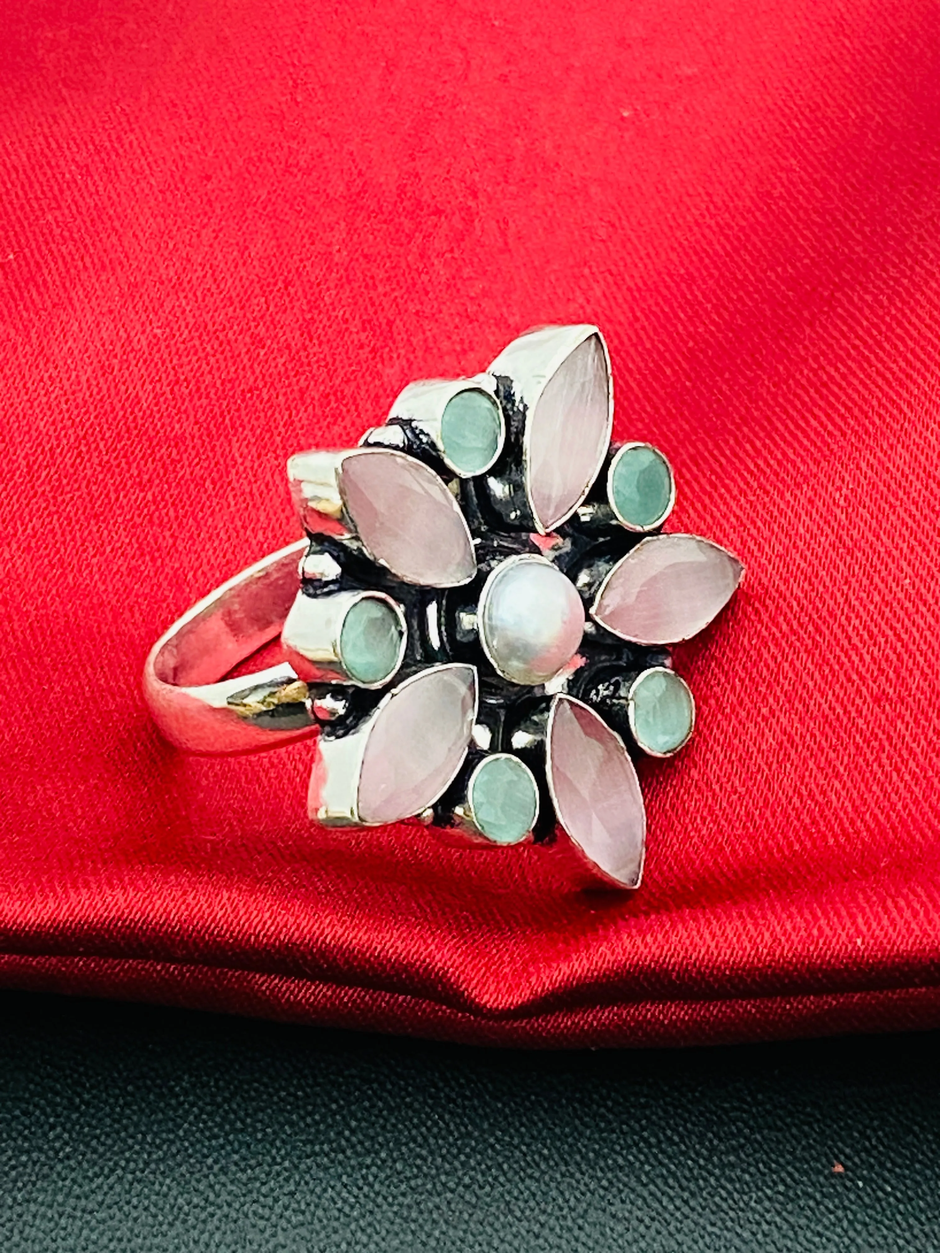Trendy Multicolor Stone Beaded Sterling Silver Oxidized Adjustable Designer Ring