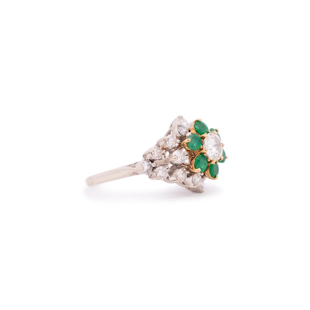 Vintage Ladies 14K White & Yellow Gold Diamond & Emerald Halo Cocktail Ring