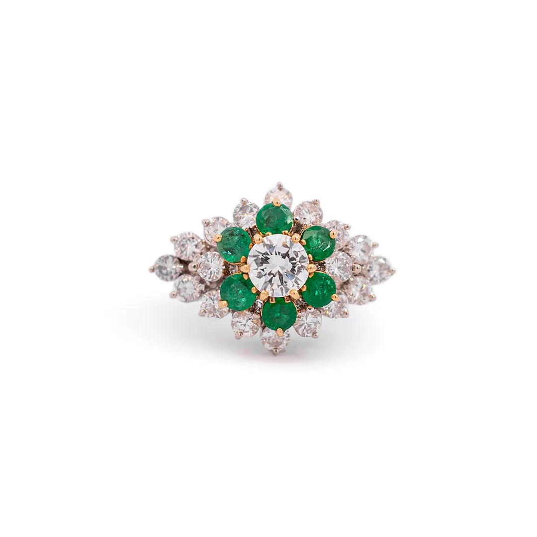 Vintage Ladies 14K White & Yellow Gold Diamond & Emerald Halo Cocktail Ring