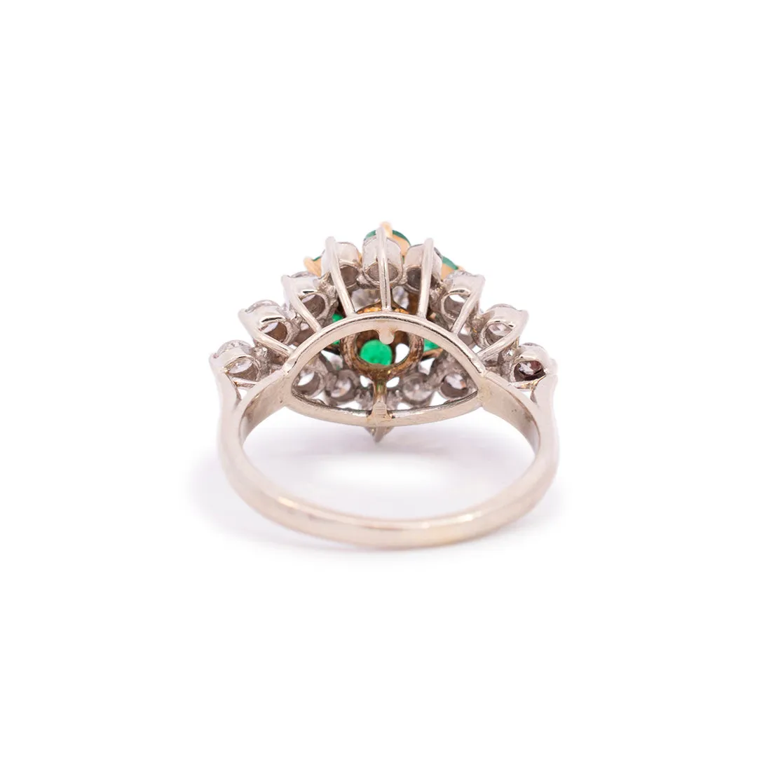 Vintage Ladies 14K White & Yellow Gold Diamond & Emerald Halo Cocktail Ring